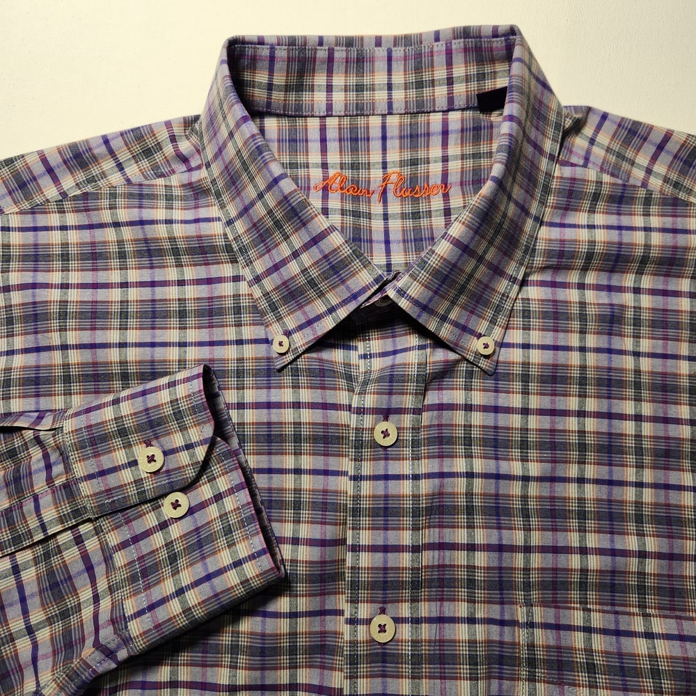 Alan Flusser Mens Button Down Long Sleeve Shirt Size XL Purple‎ Plaid